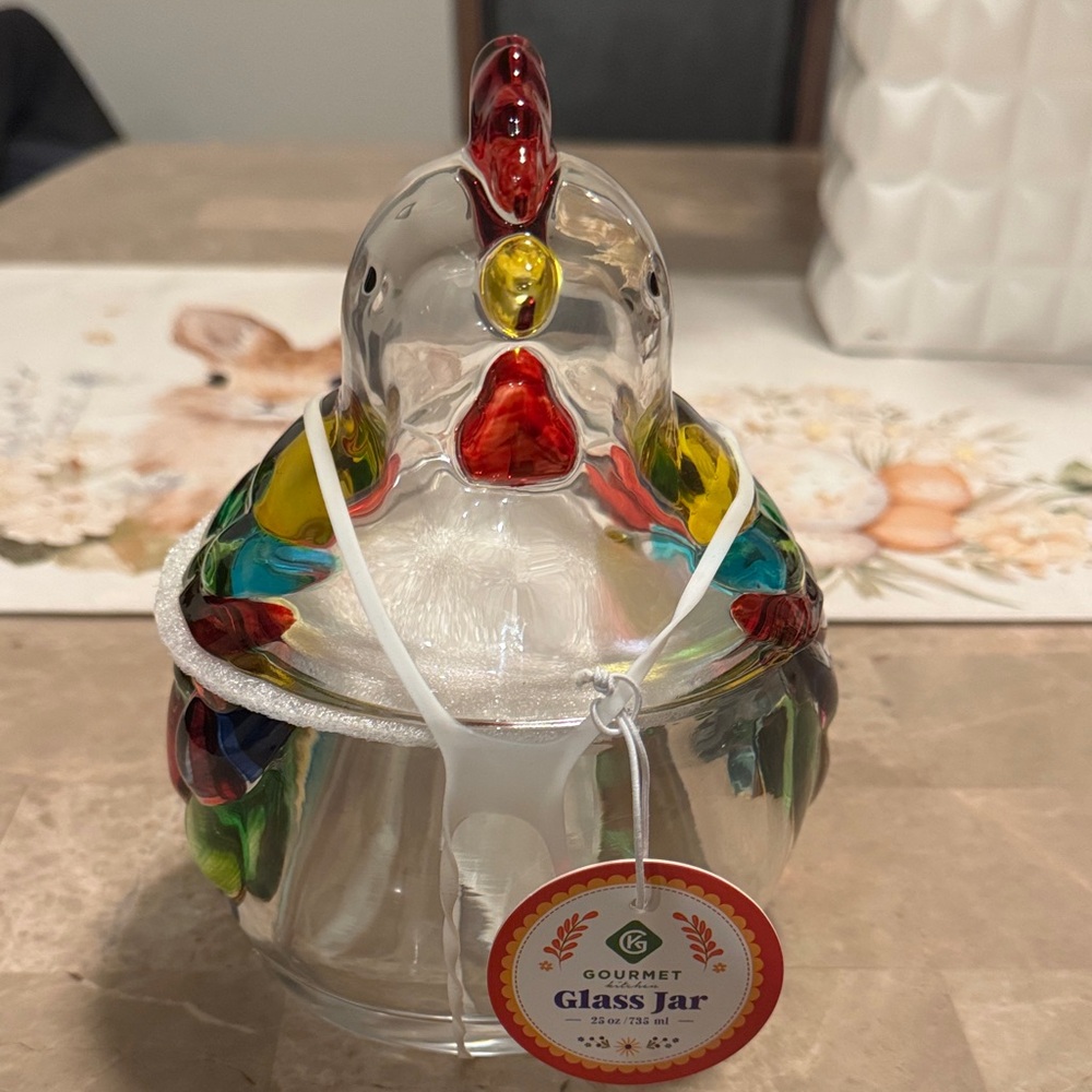 Handblown Glass Chicken Jar with Multicolor Accents